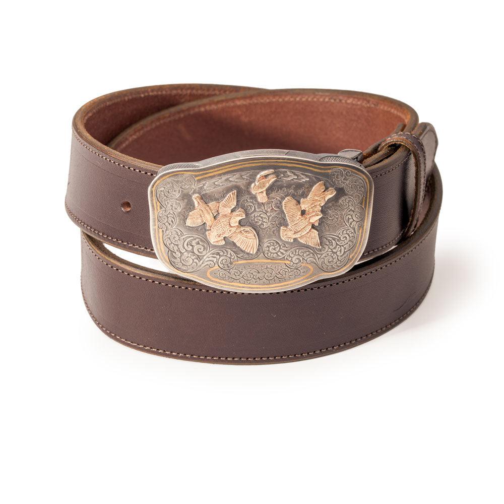 Neil Hunt "Covey of Quail" budklc shown on a brown bridle leather belt.