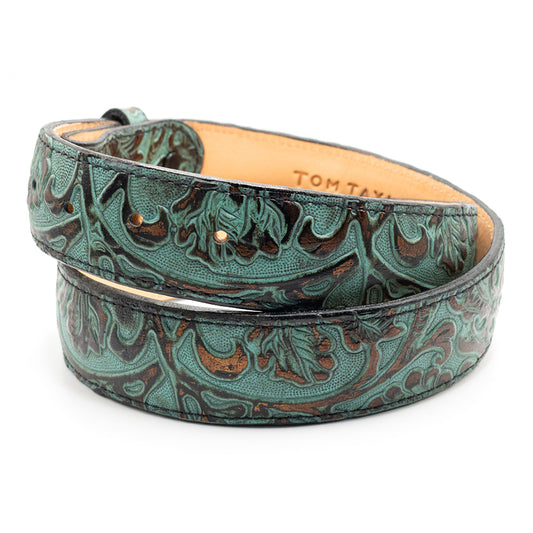 Turquoise Blue Embossed Leather Belt Strap