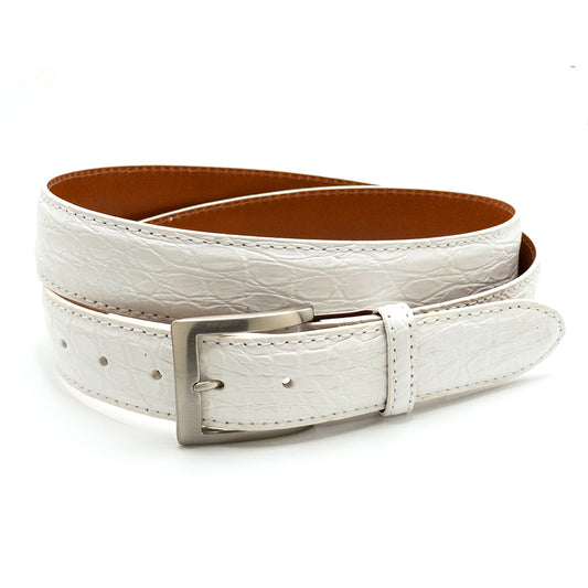 White Caiman flank belt with a silver buckle on a white background