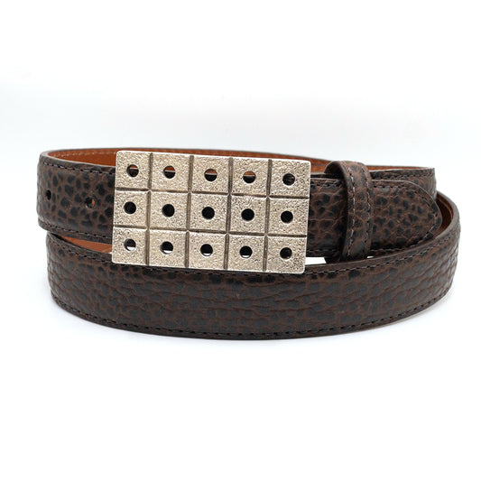 Dughlas James Ascroft buckle on a brown bison belt strap.