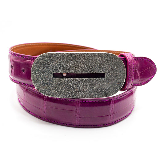 Dughlas James Beaumont buckle shown on a magenta alligator belt strap.