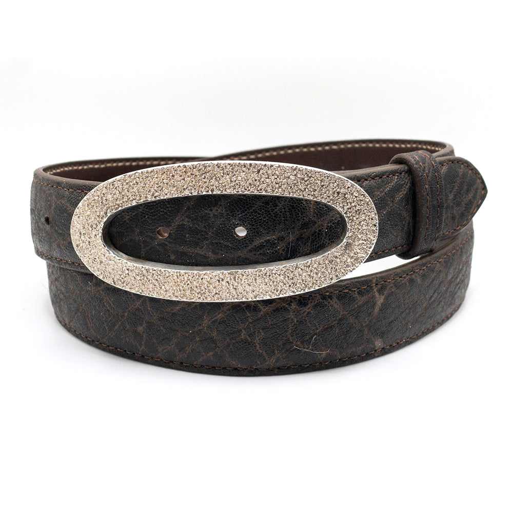 Dughlas James Columbia belt buckle shown on a chocolate elephant belt strap.