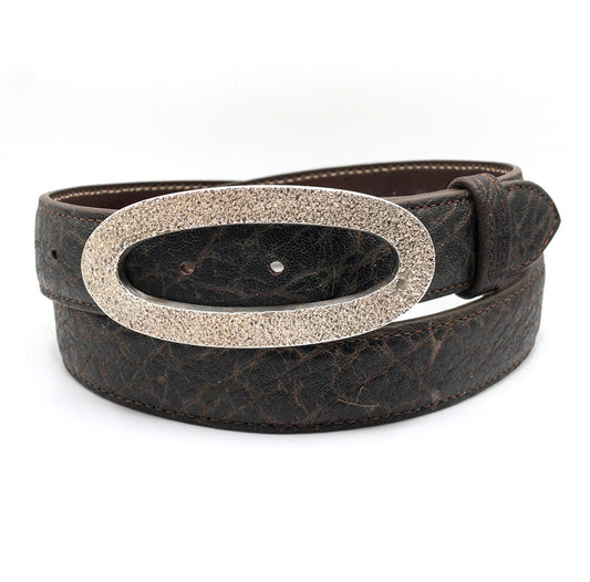Dughlas James Columbia belt buckle shown on a chocolate elephant belt strap.