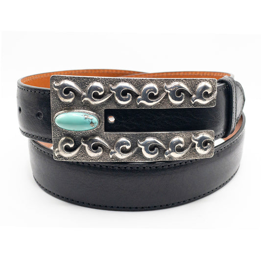 Dughlas James Espardrille Turquoise buckle shown on a black Italian calf belt strap.