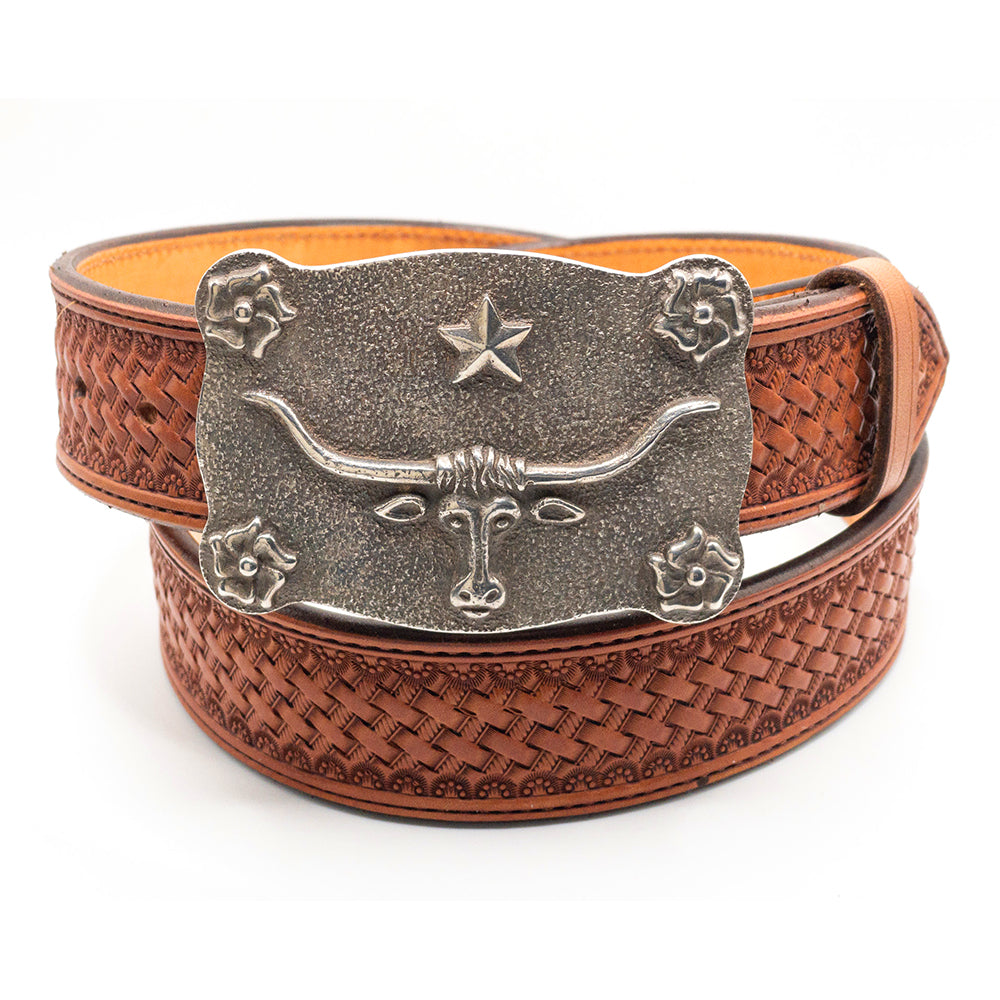 Dughlas James lone-star steer belt buckle shown on an antique basket-stamped belt strap.