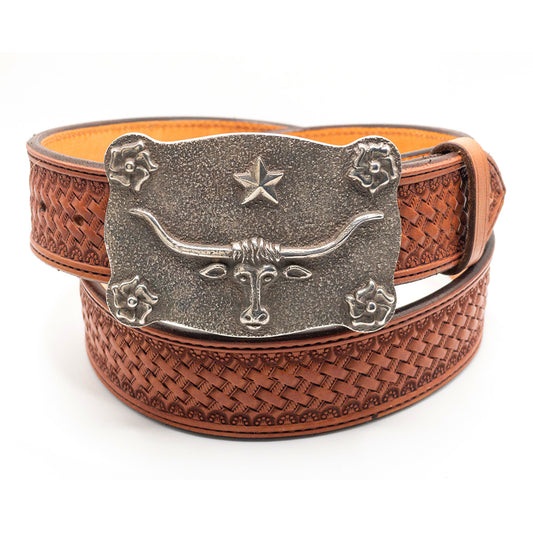 Dughlas James lone-star steer belt buckle shown on an antique basket-stamped belt strap.