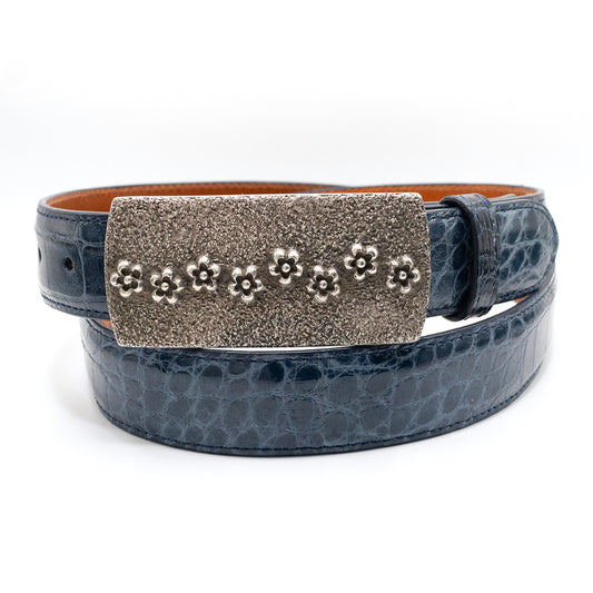 Dughlas James Octavia belt buckle shown on a denim alligator belt strap.