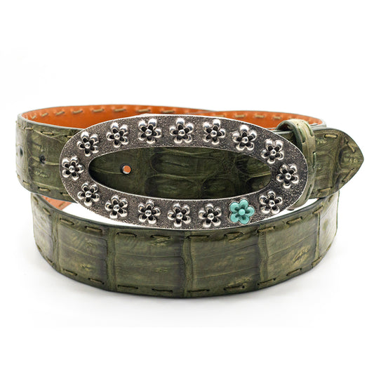 Dughlas James Quinceanera with turquoise belt buckle shown on an olive green Caiman crocodile belt strap.