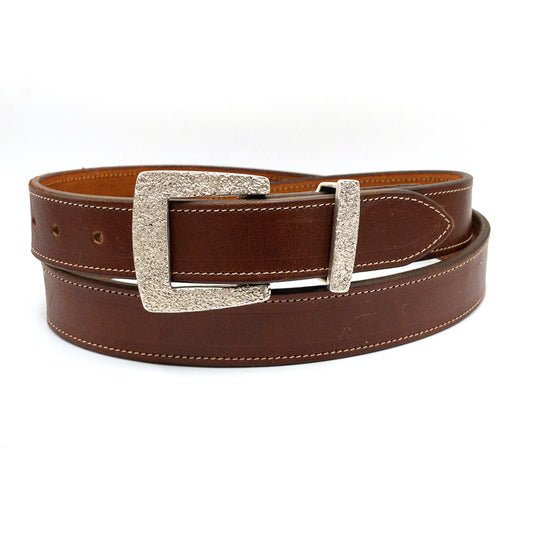 Dughlas James Sedona belt buckle and keeper shown on a cognac bridle leather belt strap.