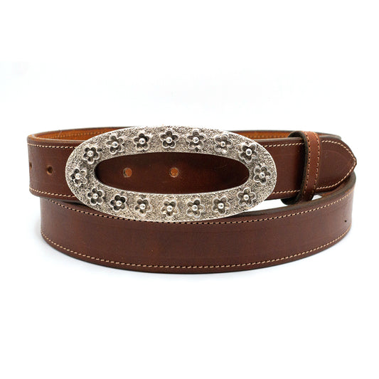Dughlas James Sweet Sixteen belt buckle shown on a cognac bridle belt.