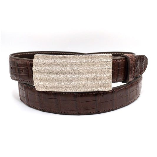 Dughlas James Take Five belt buckle shown on an Italian red ultra crocodile belt strap.