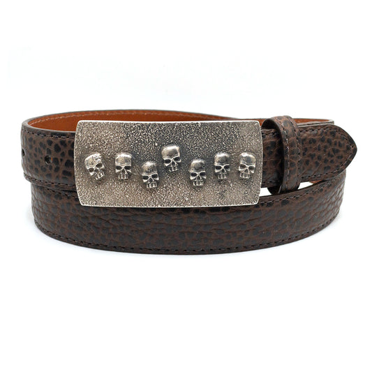 Dughlas James Seven Sons belt buckle shown on a brwon American bison belt strap.