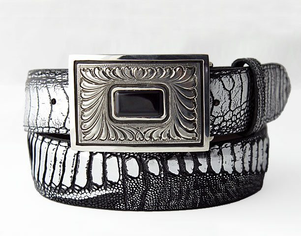 Chacon Feather Engraved Sterling Silver and Black Jade Belt Buckle