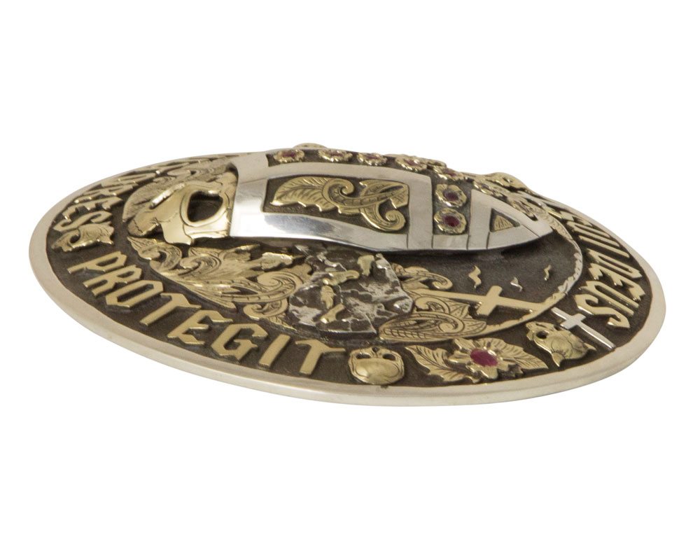 Sterling Silver and Gold Sui Deus Coutores Protegit Belt Buckle