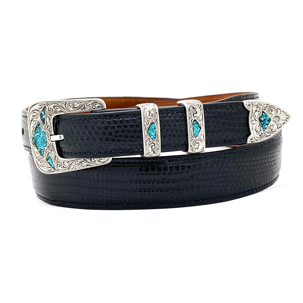 Engraved Silver and Turquoise Belt Buckle Set