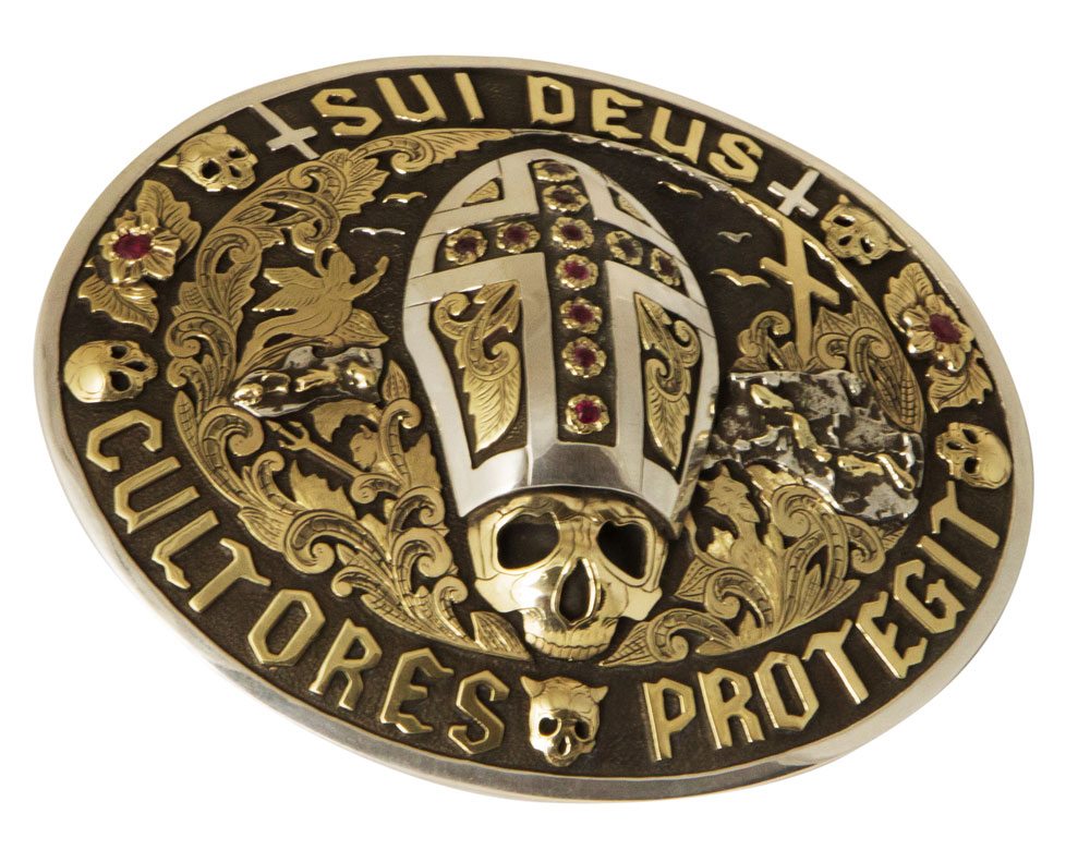 Sterling Silver and Gold Sui Deus Coutores Protegit Belt Buckle